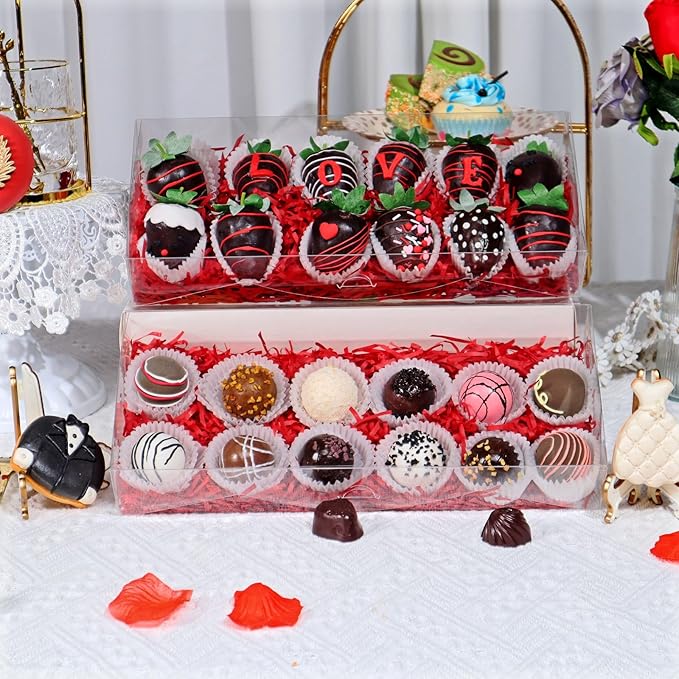 12PCS 12x5x2 Inches Clear Valentines Strawberry Boxes Cookie & Gift Boxes for Party Favors