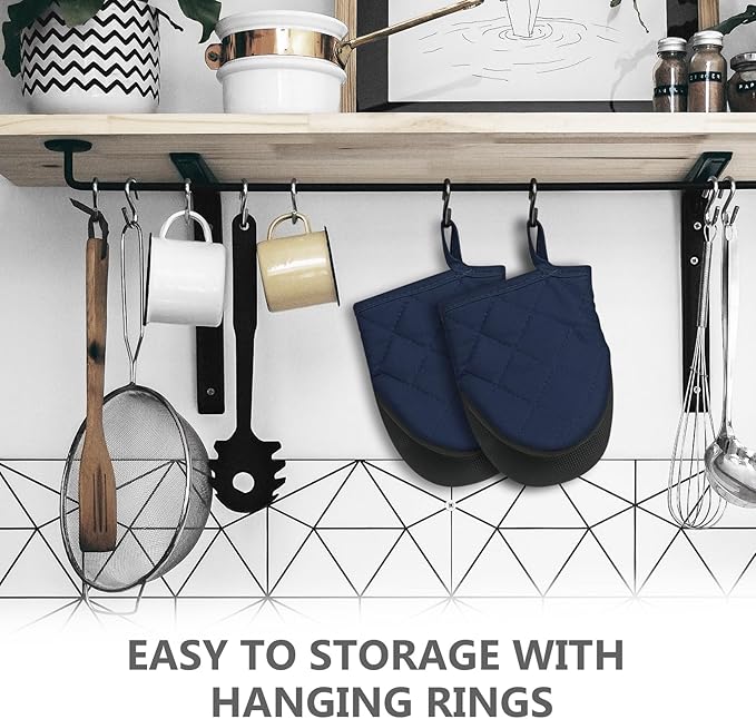 1 Pair Short Oven Mitts - Silicone Kitchen Oven Gloves High Heat Resistant 500℉, Mini Oven Mits with Non-Slip Grip Surfaces and Hanging Loop for BBQ, Baking, Cooking and Grilling (Dark Blue)