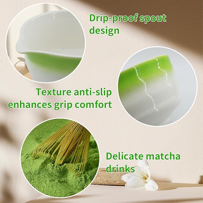 Matcha Whisk Set 7 Pcs Ceremony Kit - Gradient Glaze Ceramic Bowl, Bamboo Chasen & Holder, Sifter Scoop Gift for Matcha Lovers (Christmas/Birthday) (Green)