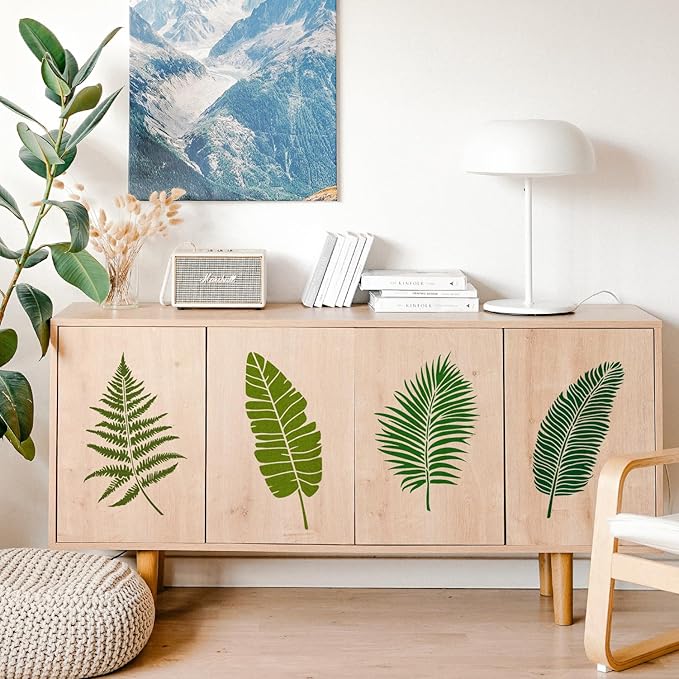 6PCS Large Leaf Stencils for Painting on Walls 16 x 12 Inch Plant Stencil with Brushes Palm Leaf Wall Stencil Tropical Leaves Stencils Plastic Art Drawing Templates for Home Wall Decor