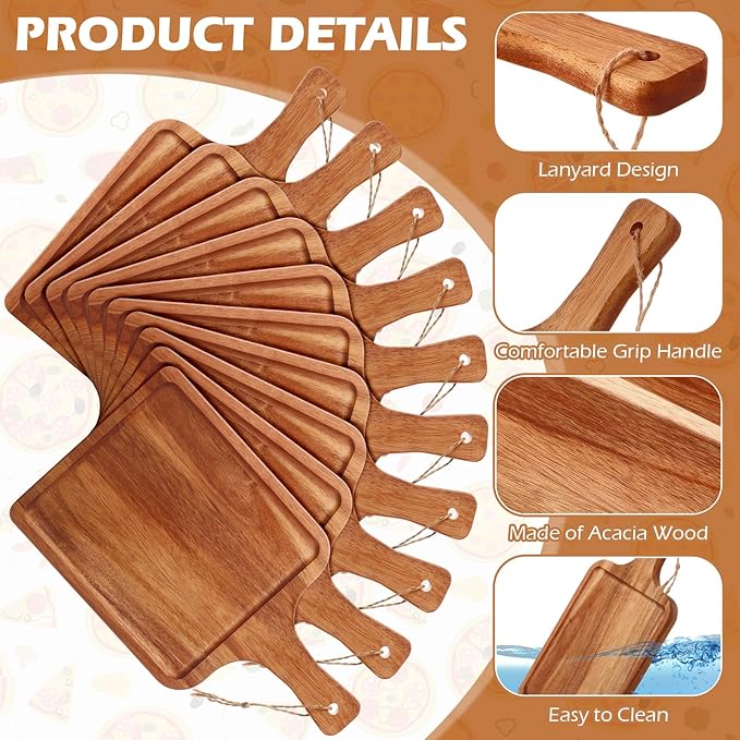 Tanlade 16 Pcs Acacia Wood Cutting Board with Handle Chopping Boards Decorative Charcuterie Platter Pizza Bread Cheese Fruit Serving Tray for Kitchen Counter Table Christmas Decorate(14 x 8 Inch)
