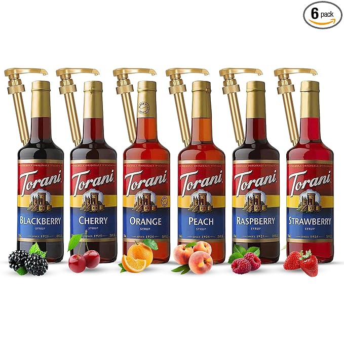 Jimoco Syrup Pump & Torani Syrup Bundle - Fruit Bowl Syrup 6 Pack Summer Flavors, Raspberry, Strawberry, Blackberry, Cherry, Orange and Peach - For Italian Soda Coffee, Lattes, Frappes With 6 Pump Dispensers