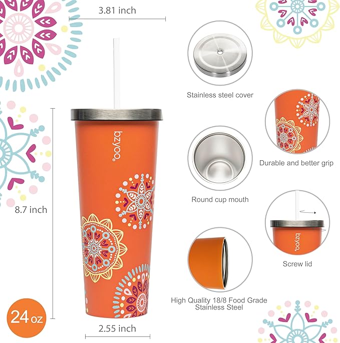bzyoo SUP Double Wall Vacuum Insulated 24oz Tumbler with Straw and Lid Stainless Steel Water Bottle Travel Mug Cup, Mother's Day Gift Perfect For Ice Coffee or Tea Color: Orange Madallion