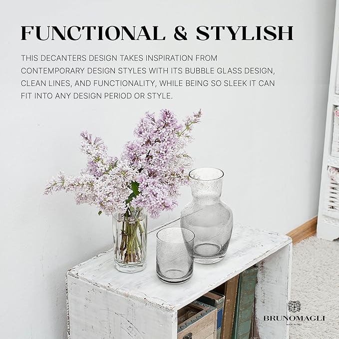 Bruno Magli Bubble Carafe | 2-Pc Set | Drinking Glass Tumbler Doubles as a Lid | Water Pitcher with Matching Cup for Office, Nightstand, Home, & Guest Room Décor | Gift Boxed | 28-Oz (Gray)