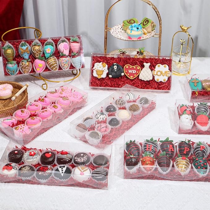 RomanticBaking 24PCS 12x5x2 Inches Clear Valentines Strawberry Boxes Cookie & Macaron Gift Boxes for Party Favors