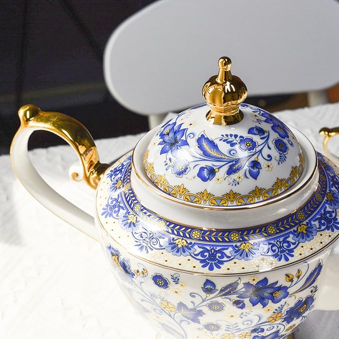 ACMLIFE Bone China Tea Set for Adults, Blue and White Tea Set for 4, Porcelain Vintage Floral China Sets for Women Party with Teapot or Gift Giving (Blue and White)