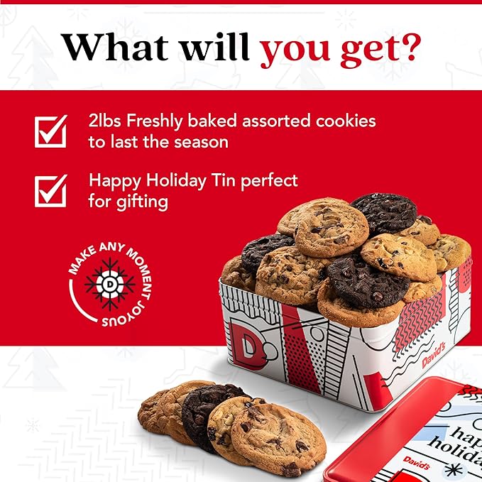 David’s Cookies Happy Holidays Assorted Cookies Gift Tin – 2lbs Soft and Gourmet Christmas Cookies Tin – Freshly Baked Holiday Cookies Gift Basket - All Natural and Handmade Christmas Cookies