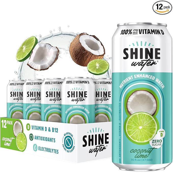 ShineWater Coconut Lime Vitamin D Electrolyte Drink | Zero Sugar Hydration Beverage with Magnesium, Zinc & Antioxidants | Low Calorie Plant-Based Vitamin Water | 12 Pack