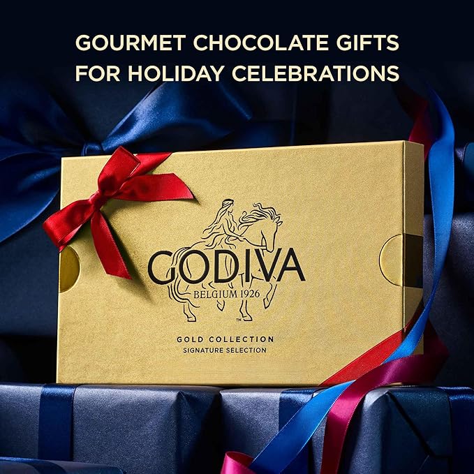 Godiva Red Bow Gold Milk Chocolate Gift Box, Belgian Milk Chocolates with Ganaches, Pralinés & Caramels, Gourmet Holiday Gift, Non-GMO & Kosher, 15 Pc