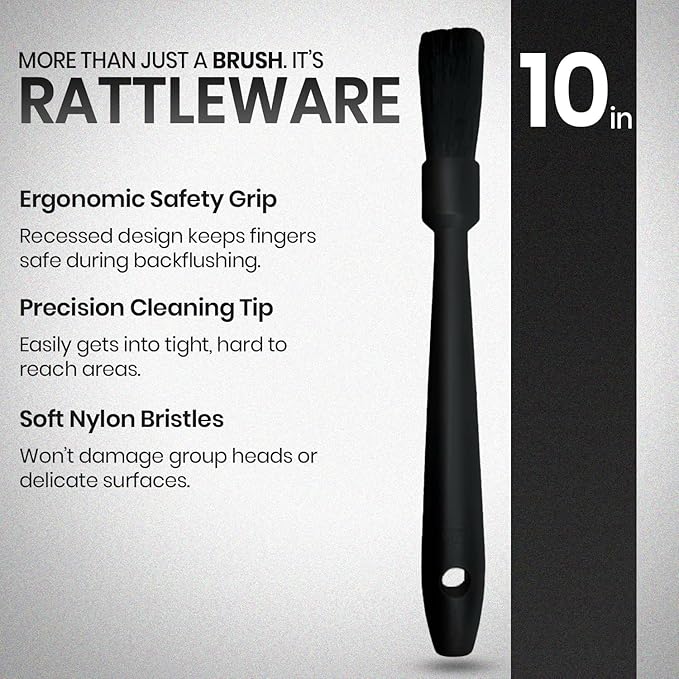 Rattleware 10" Black Espresso Machine Grinder Brush - Ideal For Home, Cafe, Restaurant, or Hotel - Long Durable Handle Coffee Grinder Cleaning Brush Trusted By Baristas