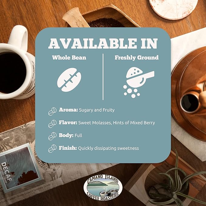 Camano Island Coffee Roasters Decaf Espresso Blend, Ground 1lb, Fresh Dark Roast Swiss Water Processed, USDA Organic, Fairly Traded, Shade Grown Top 1% Arabica, Sweet Molasses, Mixed Berry Flavor