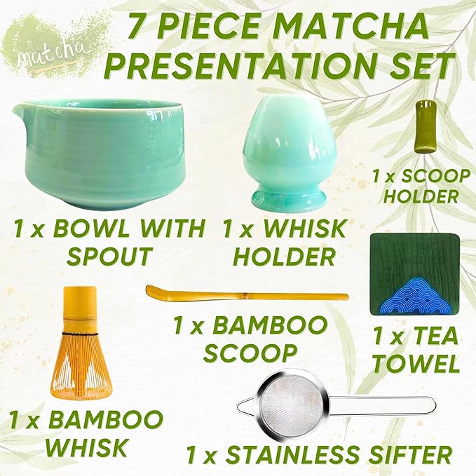 Matcha Whisk Set - 7pcs Matcha Set Including Bamboo Whisk, Bowl with Spout, and Accessories | All-in-One Matcha Kit for Matcha Latte Lovers | Japanese Matcha Set Whisk And Bowl for Tea Ceremony
