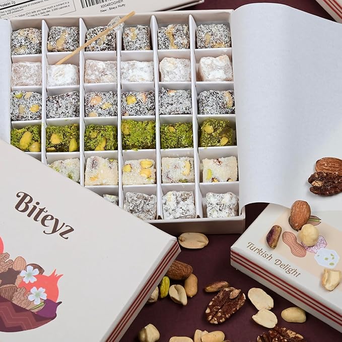 Biteyz Nutty Turkish Delight, Vegan Candy Gift Box - Assorted Gourmet Treats with Pistachios, Walnuts, Hazelnuts, Almonds, Peanuts, and Coconut, 36 Pieces of Luxury Handmade Snacks