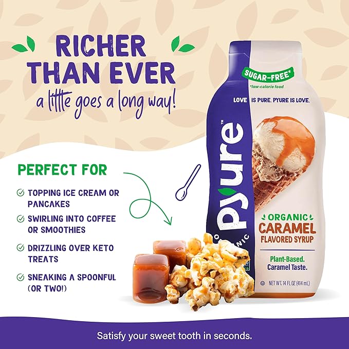Pyure Organic Caramel Dessert Syrup | Sugar-Free Caramel Topping for Keto Ice Cream, Pancakes, Low Carb Sweets | 1g Net Carb, Gluten-Free, Vegan, Non-GMO, Plant-Based, Diabetic Friendly | 14 oz