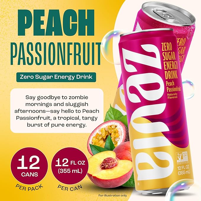 Zevia Zero Sugar Energy Drink, Peach Passionfruit, 12 oz Cans (12-Pack) – Naturally Sweetened, Non-GMO Project Verified, Gluten-Free, Vegan