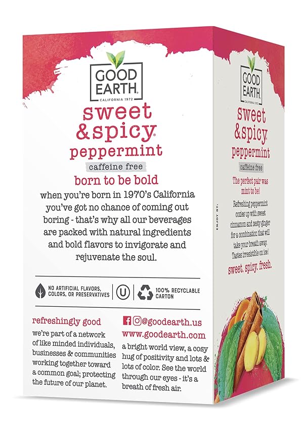 Good Earth Sweet & Spicy, Caffeine Free Peppermint Herbal Tea, Black 18 Tea Bags (Pack of 6)