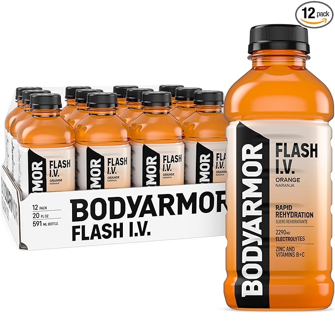 BODYARMOR Flash I.V. Electrolyte Beverage, Orange, Hydration Drink with Coconut Water For Rapid Rehydration, Post Workout Recovery, 20 Fl Oz (Pack of 12)