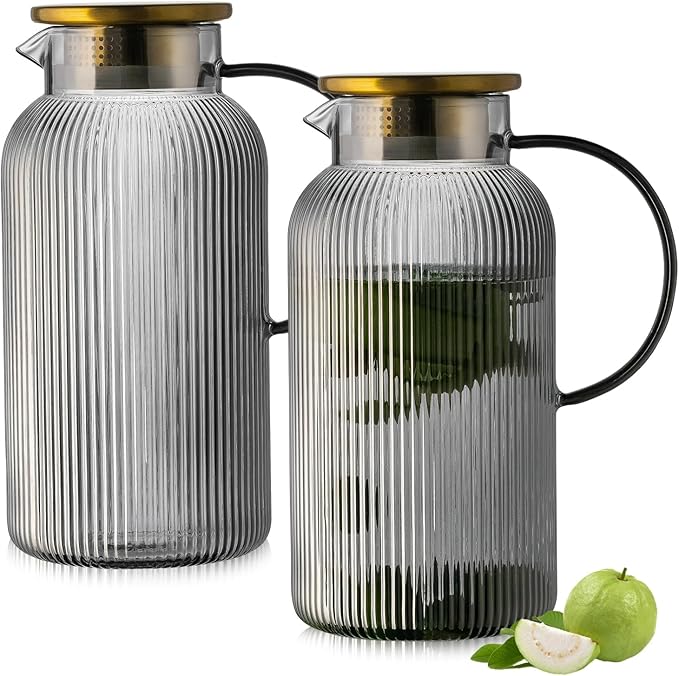 2 PACK Glass Pitcher with Lid, 68 oz/ 2 Liter Gray Classic Vertical Stripes Water Pitcher,Glass Water Carafe for Cold Brew, Coffee, Lemonade, Iced Tea,Beverage, Heat Resistant Water Glass Jug