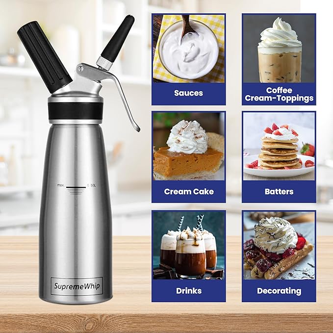 PRO Cream Dispenser, Durable High-Grip, Metal Lid with Rubber, 3 Nozzles, for Hot/Cold Use, Cleaning Brush Included, Silver - 500 ml / 1 Pint