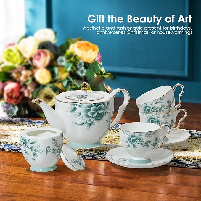 ACMLIFE Bone China Tea Cups and Saucers for 1, 6.8 oz Teacup Set for Adults, with Gold Trim and Gift Box, Blue and White Chinese English British Wedding Tea Set for One Coffee Cup Set (Blue-Leaf)
