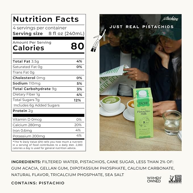 Táche Pistachio Milk, Original Vegan Barista Pistachio Creamer with No Added Oil, Frothy, Perfect Pistachio Cream for Coffee and Lattes, Plant-Based Dairy Alternative, (32oz, 6-Pack)