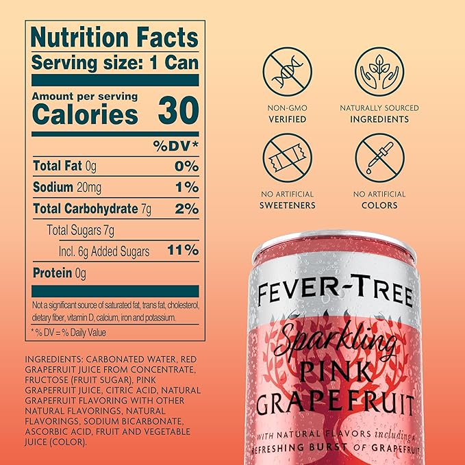 Fever-Tree Sparkling Pink Grapefruit - Premium Quality Mixer - Refreshing Beverage for Cocktails & Mocktails. Naturally Sourced Ingredients, No Artificial Sweeteners or Colors - 5.07 Fl Oz Cans - Pack of 8