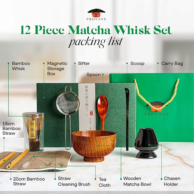 Matcha Whisk Set, 12 Pcs Matcha Set, Jujube Wood Bowl with Bamboo Straws, Storage Box & Gift Bag, Matcha Kit for Tea Ceremony or Matcha Latte