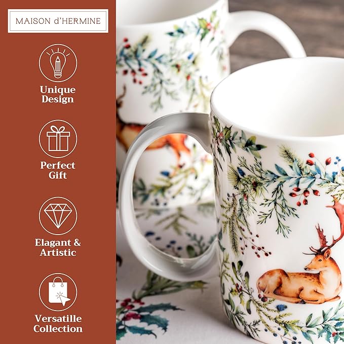 Maison d' Hermine Coffee Mug with Handles Fine Bone China Mugs Pack of Two Tea Cups for Hot Beverages Cappuccino Latte Home Restaurant Office Perfect for Gift (Holly Time, 12 Ounce)