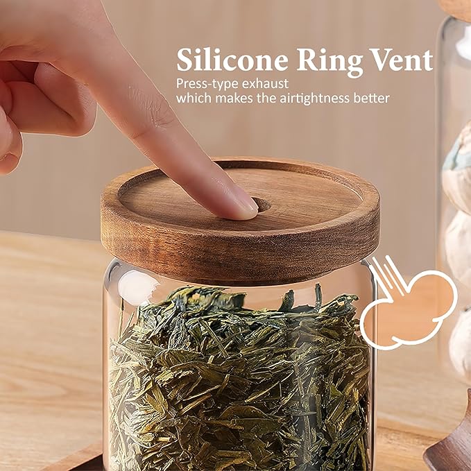 300ML/10Oz Clear Cute Glass Storage Canister Holder with Stackable Airtight Wood Lid, Modern Decorative Small Container Jar for Coffee, Spice, Candy, Salt, Cookie, Condiment, Pepper, Sugar