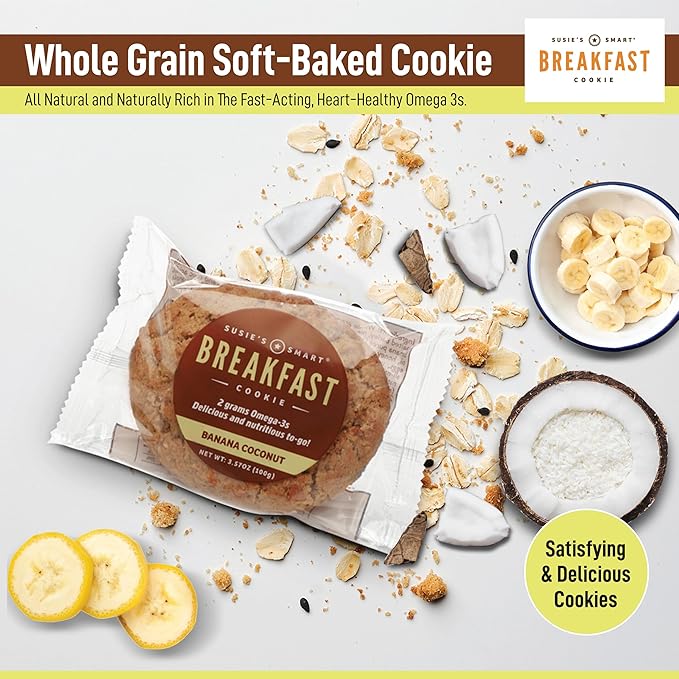 Susie's Smart Breakfast Cookie Healthy Omega-3s and Protein rich Soft Chewy Home-baked Cookie, Coconut/Banana, 3.57 Ounce (Pack of 18), 64.26 Ounce