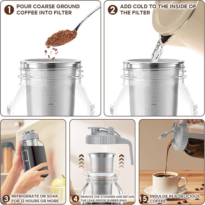 2 Pack 64 oz(2 Quart / 1.9 Liter) Cold Brew Coffee Maker Jar - Glass Cold Brew Maker with Handle, Stainless Steel Filter&Leak-Proof Lid, Heavy Duty Cold Brew Pitcher for Iced Coffee, Sun Tea, and Milk