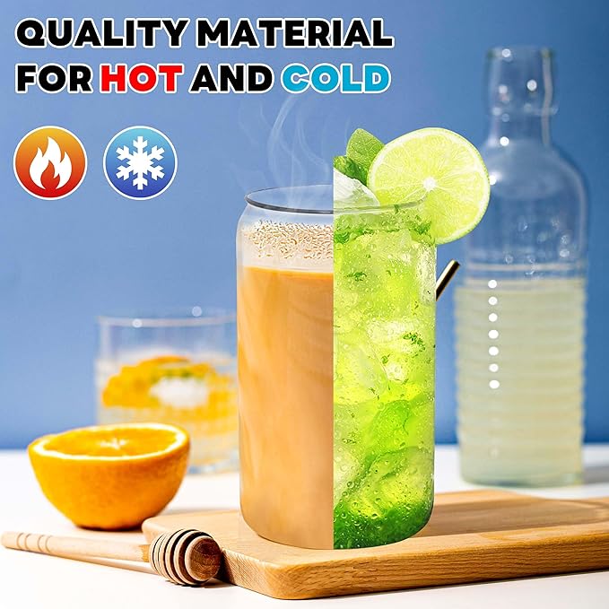 Joyclub Glass Cups with Bamboo Lids and Straws 2 Set 16 oz Reusable Iced Coffee Cup Beer Can Drinking Jars for Smoothie Whiskey Boba Soda Tea Gift