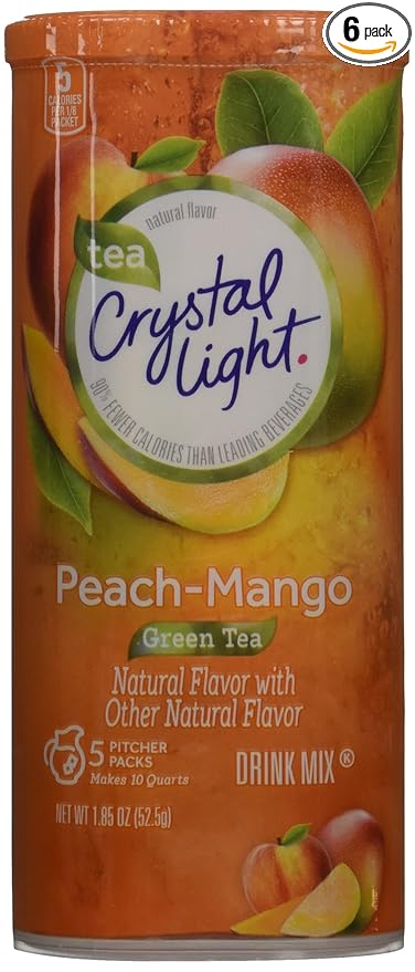 Crystal Light Natural Green Tea Peach Mango Drink Mix (30 Pitcher Packets, 6 Canisters of 5)