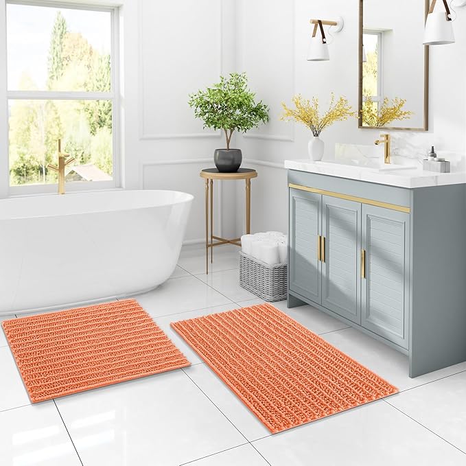 Arotive Luxury Chenille Bathroom Rug Mat, Extra Soft Thick Absorbent Shaggy Bath Rugs, Non-Slip Machine Wash Dry, Plush Bath Mats for Bathroom, Shower and Tub, 47x24, Coral