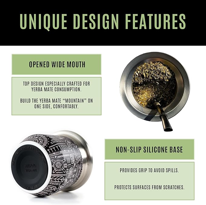 MADFLOW Yerba Mate Cup. Stainless Steel Mate Cup with 2 Bombillas. Double Wall Vacuum Insulated Yerba Mate Gourd. Unique Mate Cup And Bombilla Set