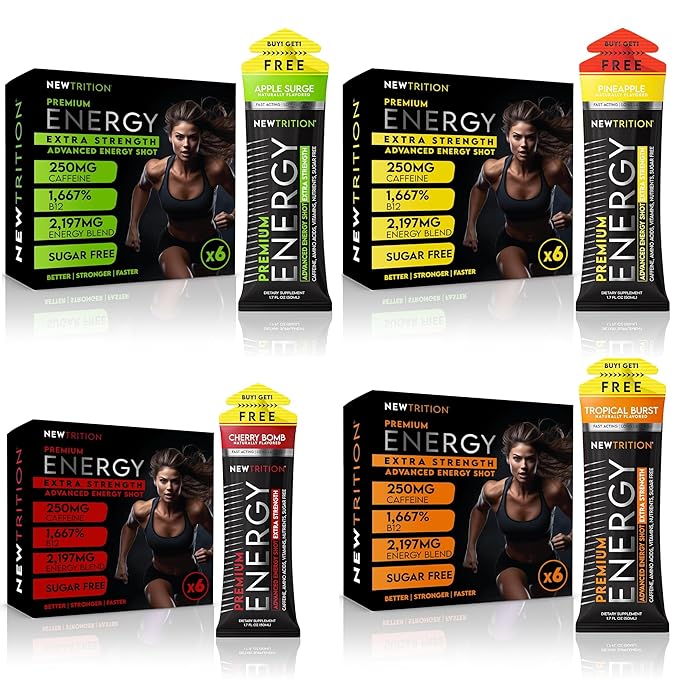 NewTrition® Extra Strength Energy Shots, Sugar-Free 1.7 fl oz (Pack of 24, 8 Flavors) - 250mg Caffeine Energy Drinks with Vitamin B & Amino Acids, Zero Calorie Vitamin Energy Shots (Mixed 1&2)