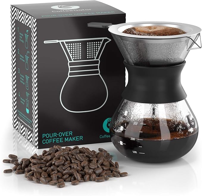 Coffee Gator Pour Over Coffee Maker Portable - 10.5oz High Heat Borosilicate Glass w/Reusable Stainless Steel Filter, Drip Coffee Brewer Pourover Dripper Set Carafe, 300ml Black