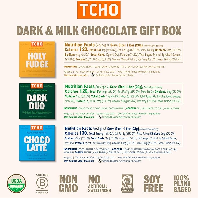 TCHO 6-Bar Dark Chocolate Variety Pack | Single Origin, Plant Based, Organic & Fair Trade | Non GMO, Non-Dairy, Vegan, Soy Free (2.5oz each) - Perfect Organic Chocolate Gift Box for Any Occasion