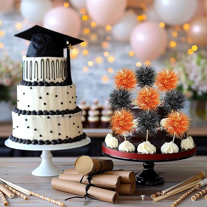 Chinco 100 Pcs Foil Firework Cupcake Toppers Sparkle Tinsel Cake Toppers Cake Decoration Cocktail Fruit Toothpick for Birthday Wedding Graduation Party(Orange, Black)