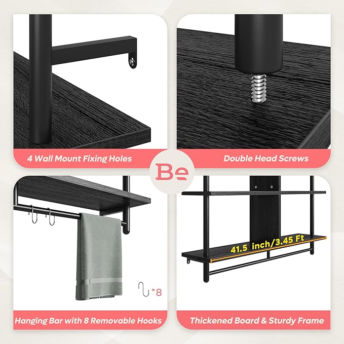 Bestier Kitchen Shelves Wall Mounted Floating Pipe Shelving 3 Tier 41.5" Coffee Bar Shelf with Holder, Wall Display Storage Rack Sundries for Kitchen Living Room, Charcoal Black