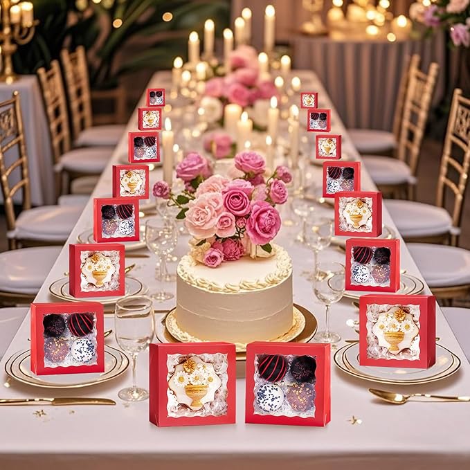 90 PCS 4x4x2 inches Classic Red Bakery Boxes with Window - Macaron, Cookie, Chocolate Truffle, Strawberry & Mini Cake Gift Boxes for Parties, Valentine's, Birthdays, Wedding, Christmas Favors