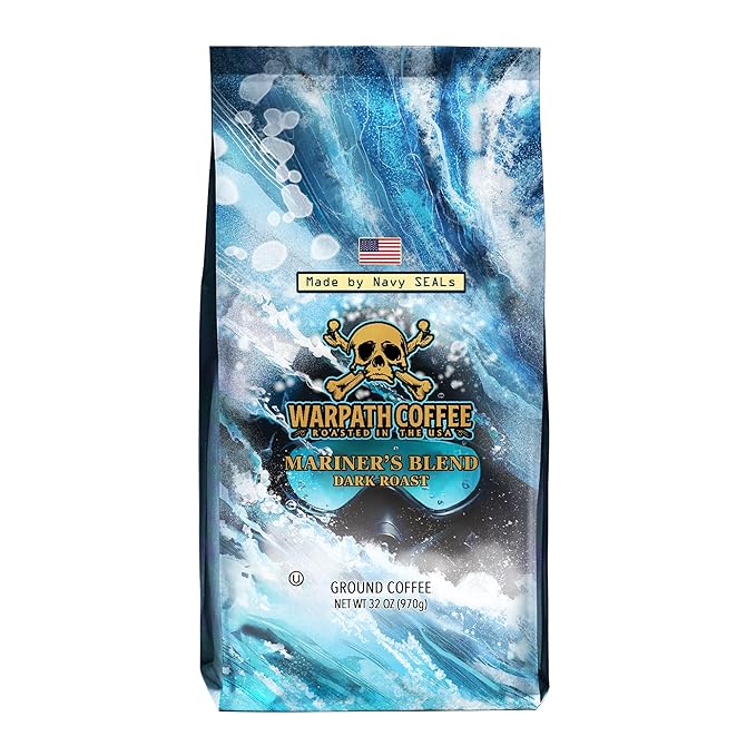 Warpath Coffee Ground Coffee Dark Roast, Mariner's Blend, High Caffeine, Extra Strong Roasted 100% Arabica Coffee Ground Beans, Rich Aroma, Full-Bodied Intense Cup, Created by Navy SEALs, 2lb