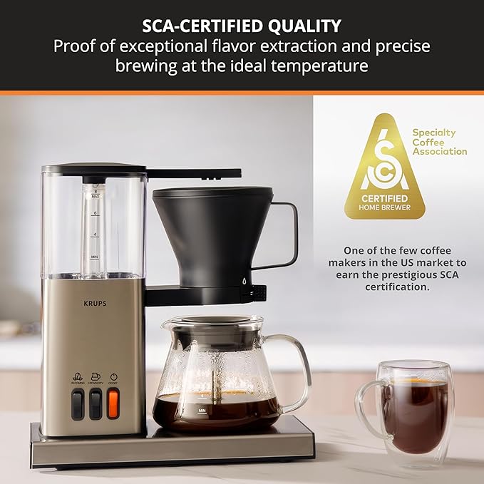 KRUPS Essential Brewer 8 Cup Drip Coffee Maker Machine SCA-Certified Blooming Technology, Barista-Quality, Pour-Over Coffee Machine, Easy to Clean Dishwasher Safe, Stainless Steel Design, Silver