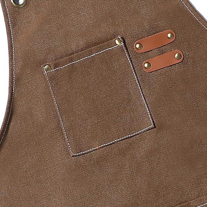 AFUN Chef Aprons for Men Women with Large Pockets, Cotton Canvas Cross Back Heavy Duty Adjustable Work Apron, Size M to XXL (Brown)