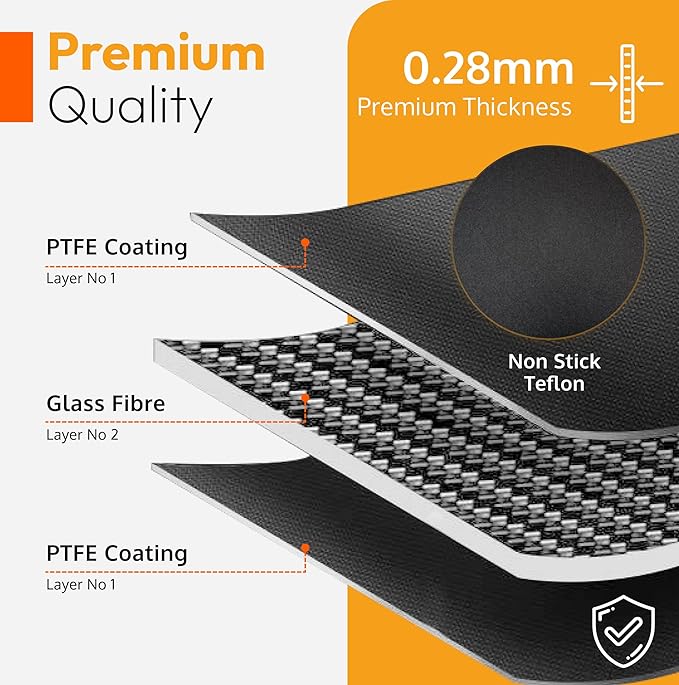 Oven Liners for Bottom of Oven Black (2-pack) Bundled with Rack Shield (2-pack) - Large Mat for Bottom of Range (17"x 25") and 14" Orange Stove Guards for Racks - Reusable & Heat Resistant