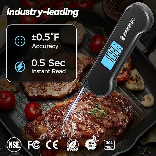 0.5 Sec Instant Read Meat Thermometer Digital with ±0.5℉ Precision, 100% Waterproof Auto Flip Bright LCD Screen, Motion Sensing Food Thermometer for Cooking Kitchen Oven Grill Candy BBQ, Black
