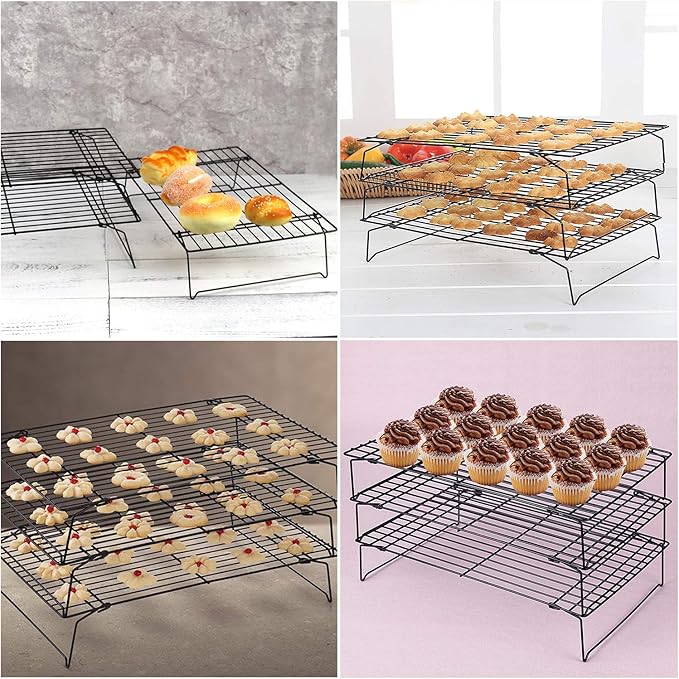 Lainrrew Cooling Rack, 3 Tier Stackable Baking Rack Stainless Steel Wire Cooking Rack for Cooking Roasting Cooling, Collapsible & Foldable, Dishwasher & Oven Safe