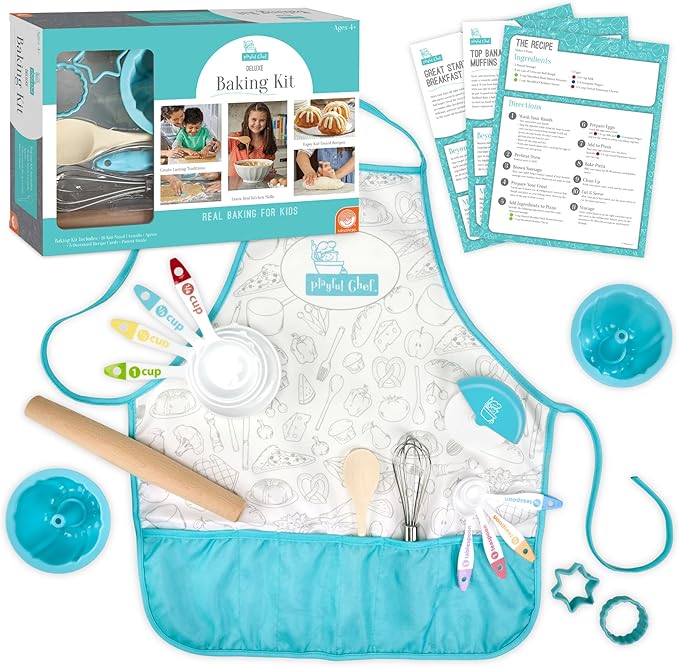 MindWare Playful Chef Deluxe Baking Kit - Set Includes 17 Utensils with Color-Coded Measuring Tools & 5 Healthy Recipes – Ages 4 & up