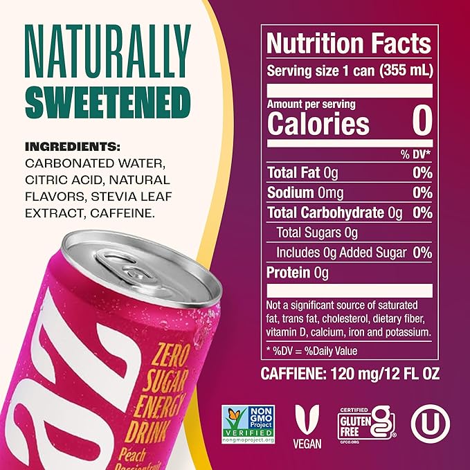 Zevia Zero Sugar Energy Drink, Peach Passionfruit, 12 oz Cans (12-Pack) – Naturally Sweetened, Non-GMO Project Verified, Gluten-Free, Vegan