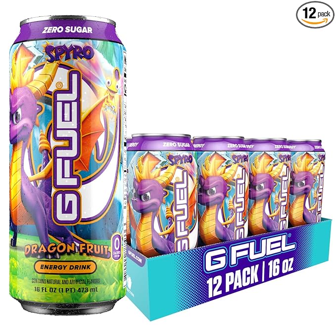 G Fuel Energy Drink, Dragon Fruit, Sugar Free Beverage with 140mg Caffeine, Daily Energy Boost with Focus Amino, Vitamin + Antioxidants, 16 oz Cans (Spyro the Dragon, 12-Pack)